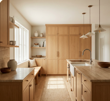 Kitchen remodel concept with lighter cabinetry and cleaner circulation