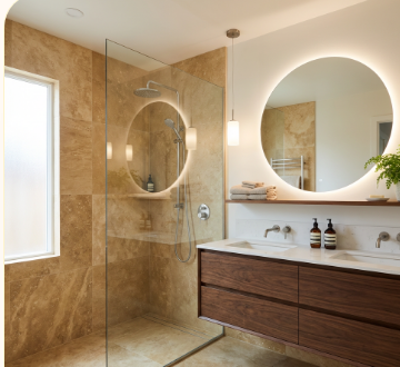 Bathroom remodel concept with a walk-in shower and calmer material palette